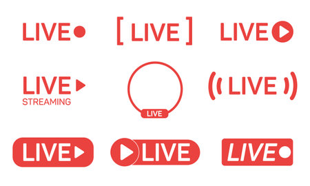 Set of live streaming icons. Red symbols and buttons of live streaming, broadcasting, online stream. Vector illustrationのイラスト素材