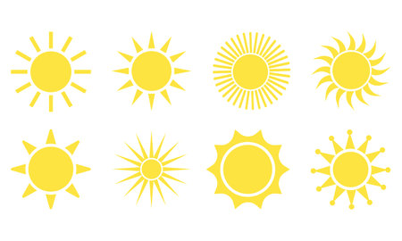 Sun icon set. Star logo icon. For summer, nature, sky, summer. Sun silhouette. Isolated vector illustrationのイラスト素材
