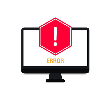 Notification. Computer with exclamation mark icon on screen. Error sign. Computer message, warning concepts. Modern flat design graphic elements. Vector illustrationのイラスト素材