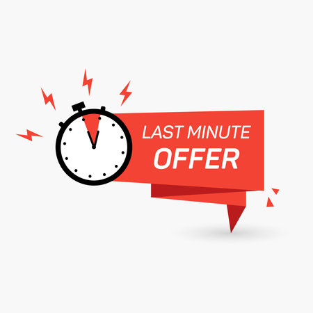 Red last minute offer with clock for promotion, banner, price. Label countdown of time for offer sale. Alarm clock with last minute offer of chance on isolated background. vector illustrationのイラスト素材