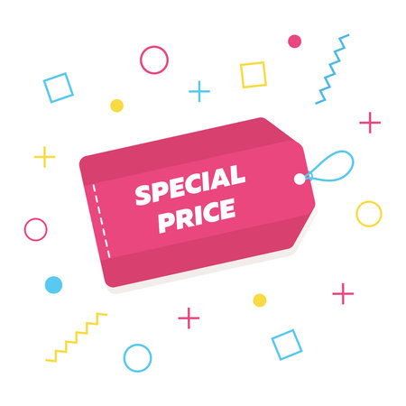Special price label, sale banner template in flat trendy Memphis geometric style, retro 80s - 90s paper style poster, placard, web banner designsのイラスト素材