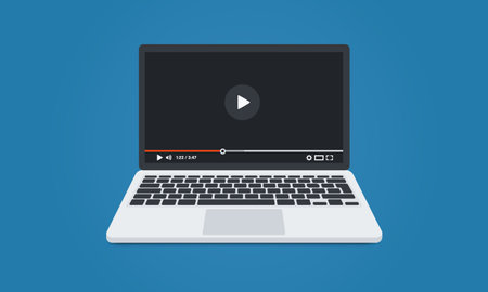 Modern laptop with video player on screen. Online video, watch movies, educational materials, web courses concepts. Vector illustrationのイラスト素材