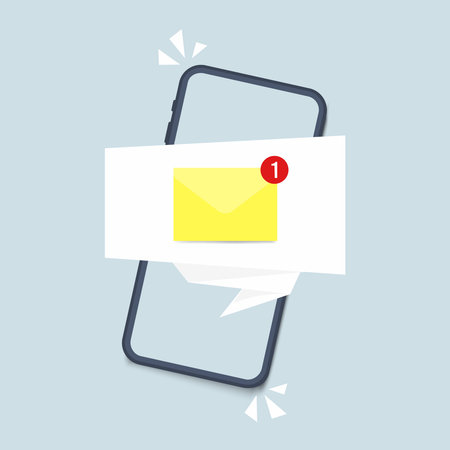 Smartphone with notification icon on screen. Icon new message on mobile phone screen. Mobile notification, email application. Vector illustration in flat styleのイラスト素材