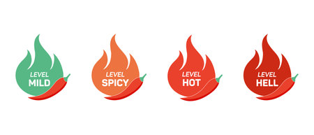 Spicy chili pepper hot fire flame icons. Vector spicy food level icons, mild, spicy, hot, hell pepper sauce fire flame. Vector design elementsのイラスト素材