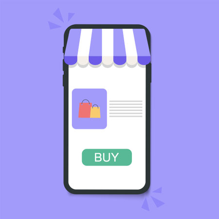 Online shopping technology with store facade in smartphone and bags, vector illustration designのイラスト素材