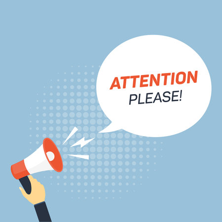 Attention please. Megaphone with speech bubble. Sticker for promotion. Vector illustrationのイラスト素材
