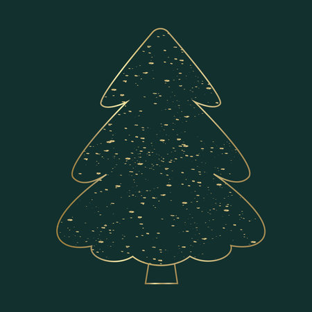 Christmas tree. Gold spruce isolated on green background. Merry Christmas and Happy New Year. Vector illustration of fir or pine. Snow like glitterのイラスト素材