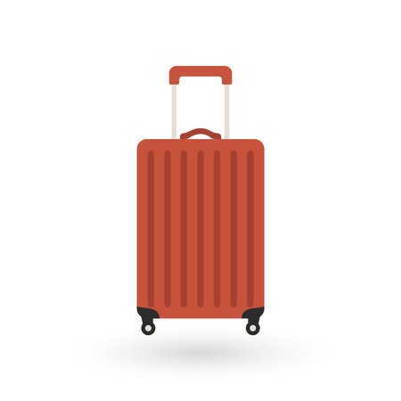 Red rolling suitcase with extended handle.のイラスト素材