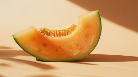 Slice of ripe cantaloupe melon on beige background, studio lighting. Healthy eating and summer fruit concept.の素材