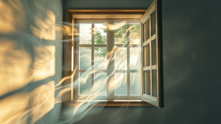 Sunlight streaming through an open window with flowing curtains, serene morning interior concept.の素材