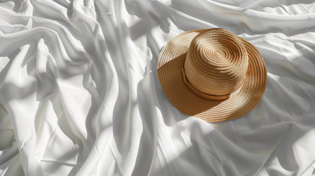 Straw hat on white fabric with soft shadows, sunlight, elegant and serene concept.の素材