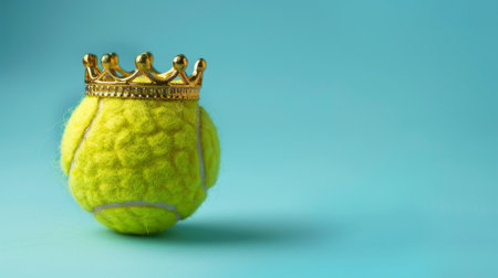 Tennis ball with crown on light blue background, creative concept. Royalty and sports metaphor.の素材