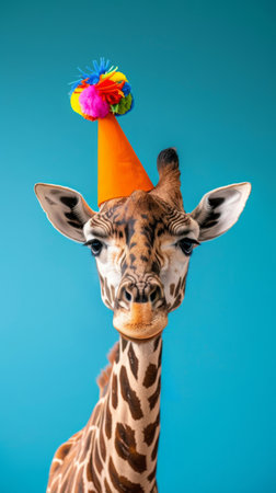 Giraffe in a party hat against blue background, fun animal celebration concept.の素材