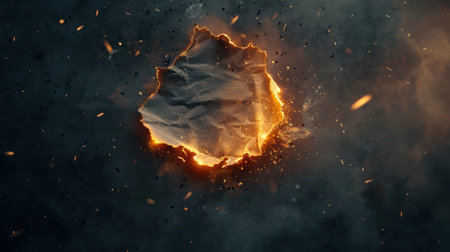 Burning paper surrounded by sparks and smoke, abstract concept.の素材