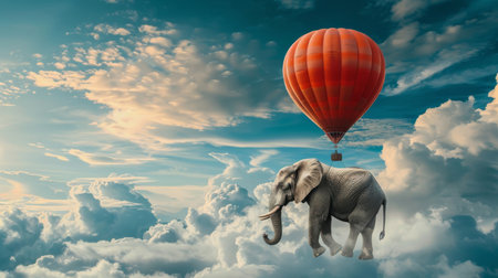 Elephant floating in the sky attached to a hot air balloon, surreal fantasy scene.の素材