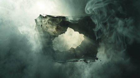 Burnt paper with hole and rays of light through smoke, mysterious concept.の素材