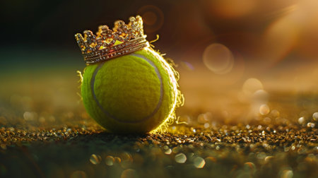 Tennis ball with gold crown on a court during sunset, regal sports concept.の素材