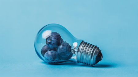 Light bulb filled with blueberries on blue background, creative food concept.の素材
