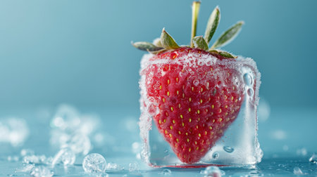 Strawberry frozen in ice cube on blue background, refreshing concept.の素材