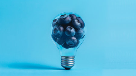 Light bulb filled with blueberries on a blue background, creative food concept.の素材