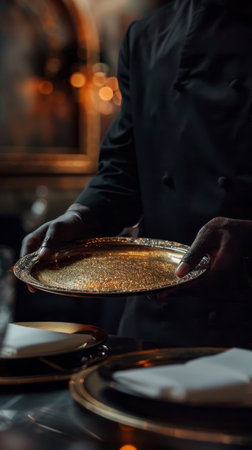Waiter holding a golden tray in a dimly lit restaurant.の素材