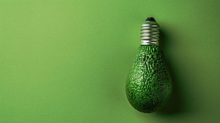 Avocado shaped light bulb on green background, creative concept.の素材