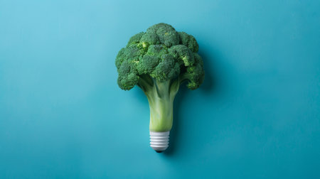 Broccoli light bulb on blue background, creative concept. Eco-friendly energy idea.の素材