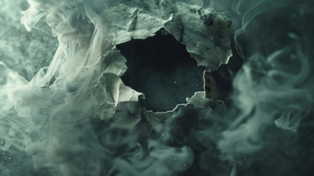 Hole in torn paper with smoke swirling around, mysterious atmosphere.の素材