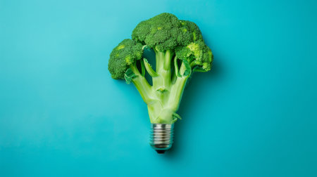Creative concept of broccoli resembling light bulb on blue background.の素材