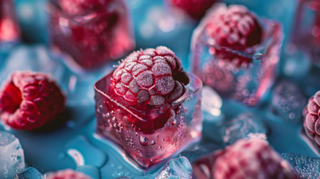 Frozen raspberries in ice cubes, close-up. Refreshing summer concept.の素材