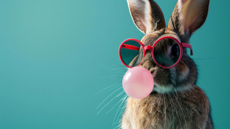 Rabbit wearing red glasses blowing a pink bubblegum on teal background.の素材
