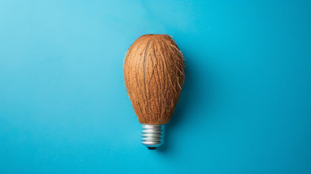 Coconut shaped like a light bulb on blue background.の素材