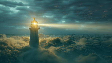 Lighthouse shining through clouds at dusk, ethereal and surreal scene.の素材