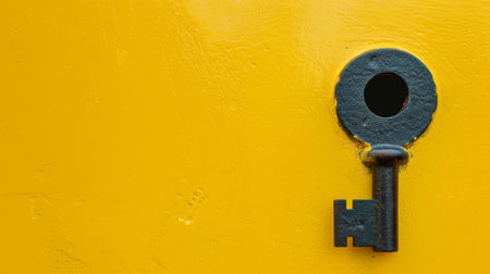 Black keyhole on bright yellow door, minimalistic close-up. Security and access concept.の素材