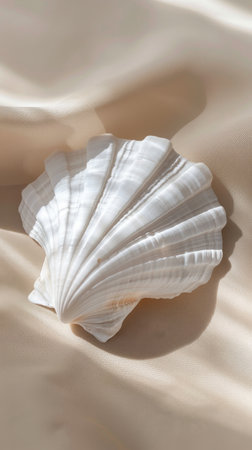 White seashell on beige fabric background, nature detail concept.の素材