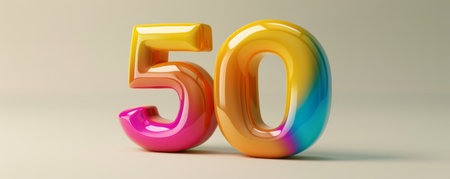 Vibrant 3D number 50 in colorful glossy finish on neutral background.の素材
