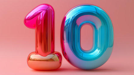 Colorful glossy balloon number 10 on pink background, studio shot. Celebration and anniversary concept.の素材