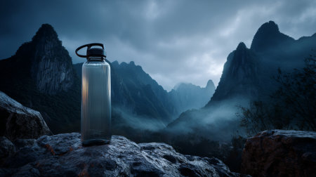 Water bottle on misty mountain with dramatic sky and rugged peaks at duskの素材