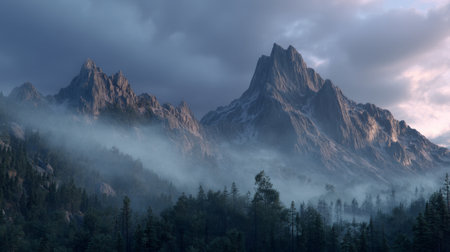 Majestic mountains with misty forest under cloudy sky at dawn, serene landscapeの素材