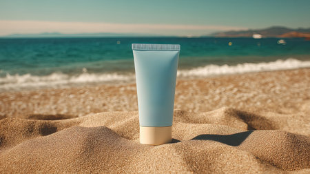Sunscreen cream tube on sandy beach with ocean waves in sunny background, beauty careの素材