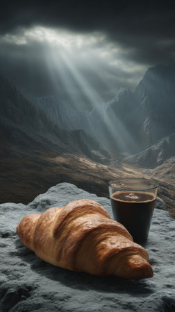 Croissant and coffee on rock under moody sky with sun raysの素材