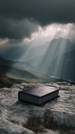 Mystical book on rocky mountain under dramatic sky with sun rays, fantasy conceptの素材