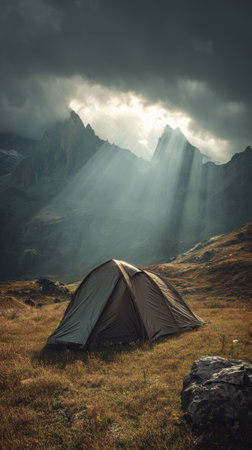 Sun rays breaking through dark clouds onto a tent in a serene mountain valleyの素材