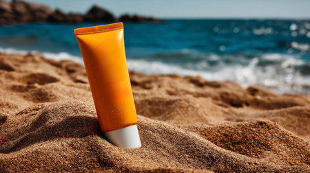 Sunscreen cream tube in the sand on a sunny beach with waves and rocks, summer vacationの素材