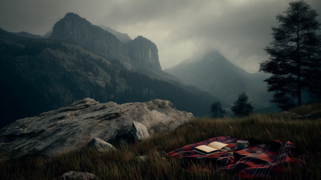 Moody mountain landscape with picnic blanket and book during foggy weather.の素材
