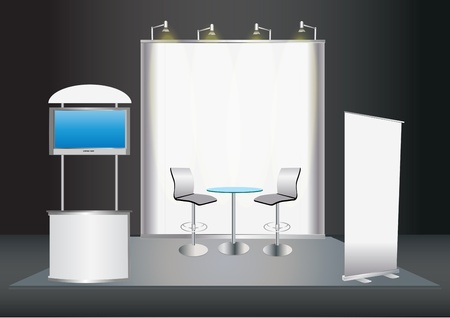 Vector Blank trade exhibition stand with screen, counter, seats, roll-up banner and lights のイラスト素材