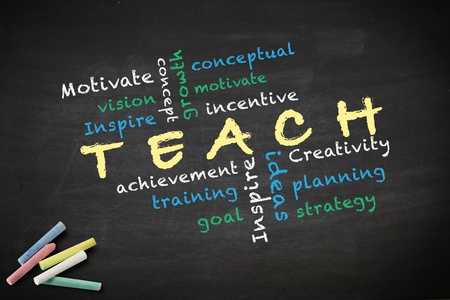 Teach concept with other related words  written with chalk on a blackboard  の写真素材