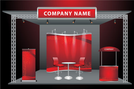 Vector Blank trade exhibition stand with widescreen lcd monitor, counter, chair, roll-up banner and lights with identity background ready for use  のイラスト素材