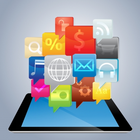Vector Tablet PC with cloud of colorful application icons のイラスト素材