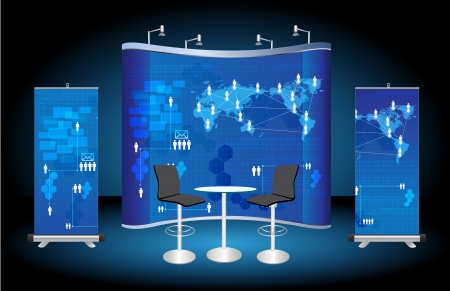 blank trade show booth, with roll up banner and virtual business network process diagram identity background ready for use  のイラスト素材